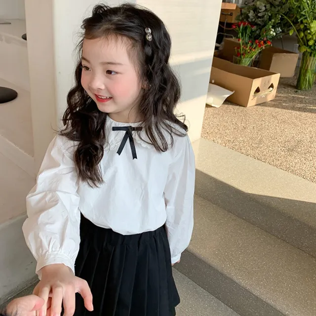 【橘魔法】翻領雲朵花邊黑蝴蝶結長袖襯衫 大童 女童 中童 童裝 薄長袖 長袖上衣 學生 制服 表演