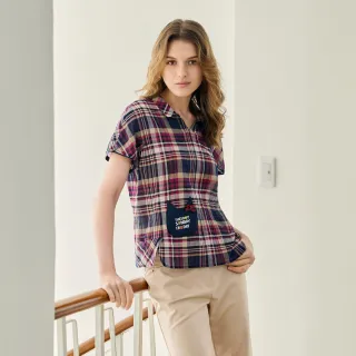 【MYVEGA 麥雪爾】格紋翻領傘狀短袖上衣-紫