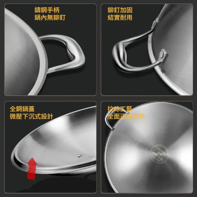 KENGQ鏗鏘 炒鍋 不粘鍋 316不鏽鋼圓底鍋32/34cm（加厚聚能鍋底 電磁爐瓦斯爐通用 無鉚釘易清洗）