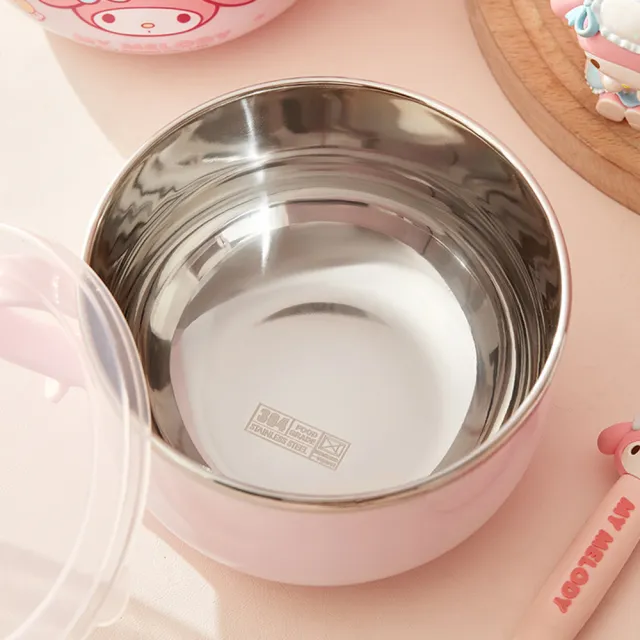 【SANRIO 三麗鷗】大耳狗美樂蒂凱蒂貓304不鏽鋼大容量帶蓋學生餐碗 雙層隔熱碗(附湯匙)