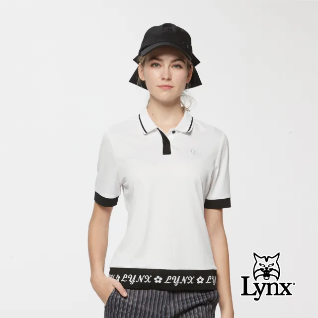 【Lynx Golf】女款彈力皺折布兩袖配色緹織下擺拼接短袖POLO衫/高爾夫球衫(白色)