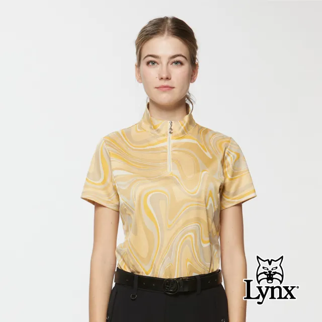 【Lynx Golf】女款義大利進口頂級絲光棉滿版圖騰拉鍊短袖POLO衫/高爾夫球衫(黃色)