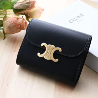【CELINE】簡約品牌金屬LOGO素雅小牛皮釦式零錢短夾(黑)