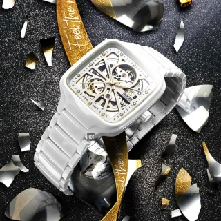 【Rado 雷達表】廣告熱賣款 True Square真方系列鏤空機械腕錶 白陶瓷12真鑽款 R01(R27073702)