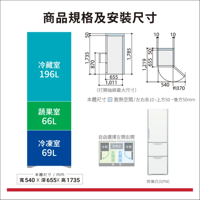 【HITACHI 日立】331L一級能效變頻三門冰箱(RG36B-GPW)