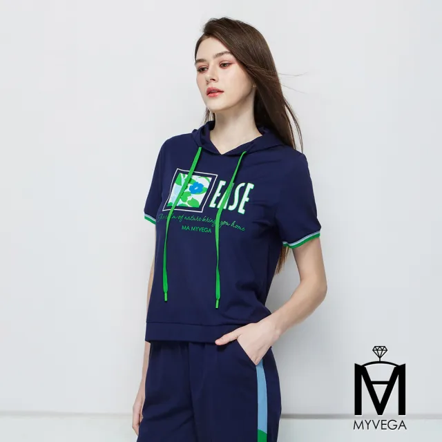 【MYVEGA 麥雪爾】MA休閒風撞色織帶套裝連帽上衣-深藍