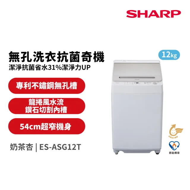 【SHARP 夏普】家電快配12公斤無孔槽變頻直立式洗衣機(ES-ASG12T)