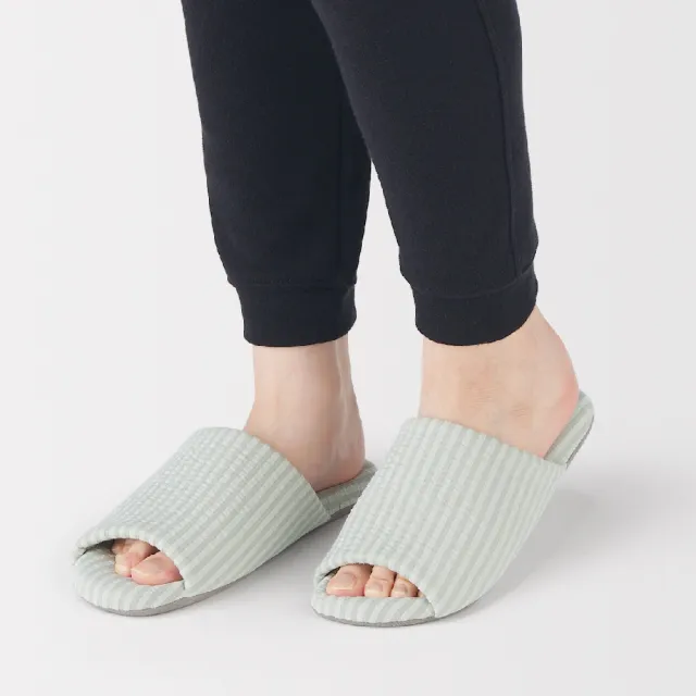 【MUJI 無印良品】凹凸織前開拖鞋(藍色/淺綠)