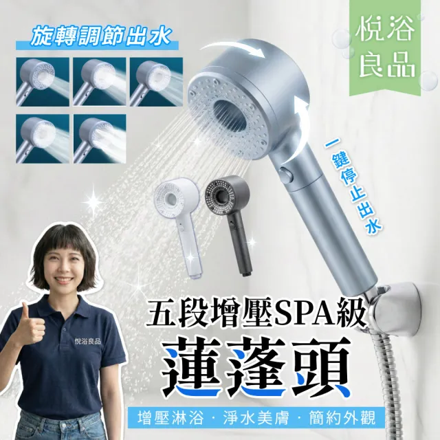 【悅浴良品】五段式極簡美學SPA蓮蓬頭(增壓過濾/一鍵止水/可更換濾芯/過濾水質/極簡設計/淋浴花灑/省水)