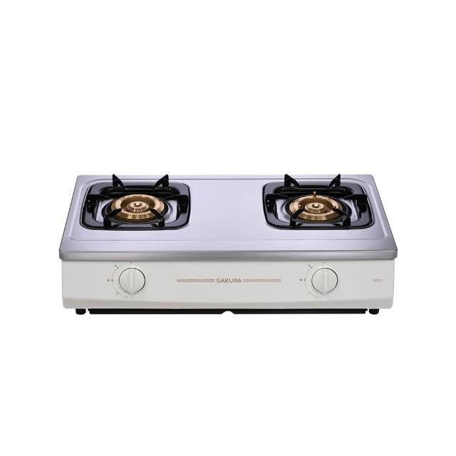 SAKURA櫻花牌 G-5201 SAKURA櫻花牌 G-5201 雙口瓦斯爐,採用臺灣製造不鏽鋼爐臺與鋁銅合金爐頭,傳統外擴火焰設計提供均勻加熱。壓轉式自動點火方便操作,尺寸700 x 380 x 190 mm適閤家庭廚房。第一級能源效率,瓦斯消耗量9~10kW,支援天然氣與桶裝瓦斯,BSMI認證R51085,保固1年,標準安裝,節能耐用首選。