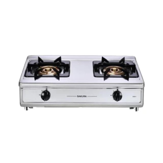 SAKURA櫻花牌 G-5611 SAKURA櫻花牌 G-5611 雙口瓦斯爐採用不鏽鋼爐臺,傳統外擴火焰設計,提供強勁火力達11~12kW,壓電式自動點火方便使用,不需挖孔安裝,尺寸700 x 420 x 200 mm(含爐架),臺灣製造,能源效率第四級,適用天然瓦斯(NG1)或液化瓦斯(LPG),保固1年,BSMI許可R51085,標準安裝完美適合廚房。