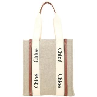 【Chloe’ 蔻依】Woody 大型 字母印花亞麻帆布拼牛皮直立式托特包-咖棕色