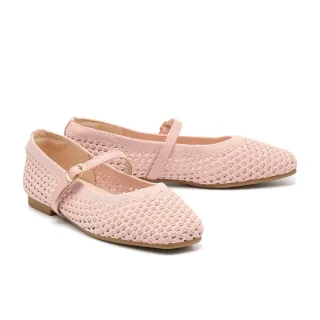 【MELROSE】美樂斯 率性優雅純色方釦繫帶飛織布瑪莉珍方頭平底鞋(粉)
