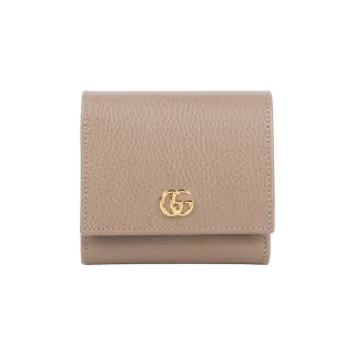【GUCCI 古馳】GG Marmont 皮革中型二折短夾(米灰/淺粉)