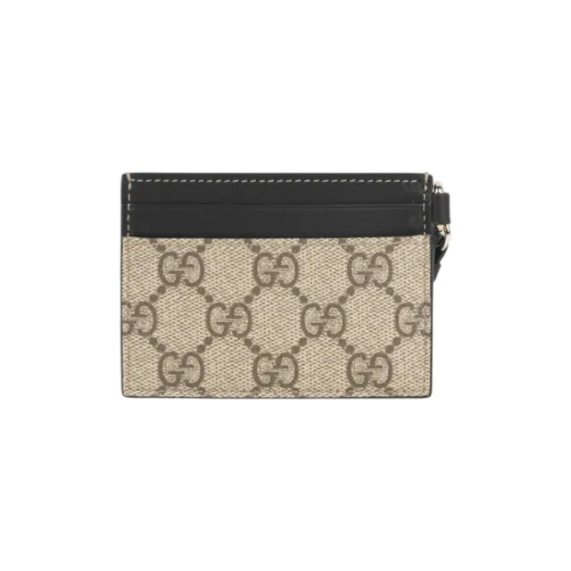 【GUCCI 古馳】GG Emblem 塗層帆布及皮革卡片夾/名片夾(米色/黑色)