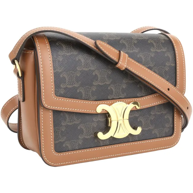 【CELINE】賽琳 TEEN Triomphe 黃銅凱旋門老花帆布拼小牛皮肩背包-黃褐色(肩背包 斜背包)