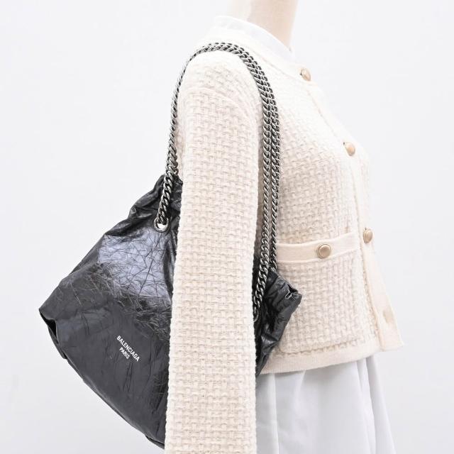 【Balenciaga 巴黎世家】CRUSH TOTE 品牌雙B字LOGO牛皮肩斜托特包鍊包(灰銀)