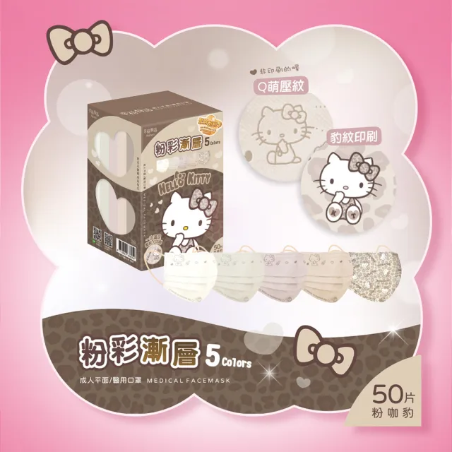 【Injoyyi 幸福物語】Hello Kitty豹紋五色醫療口罩3盒組 50片/盒(一盒5色 成人平面多款選)