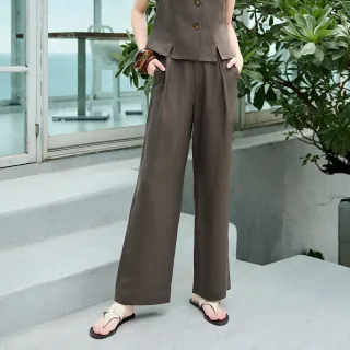 【ILEY 伊蕾】鬆弛度假亞麻寬直筒長褲(深咖；M-XL；1262696508)
