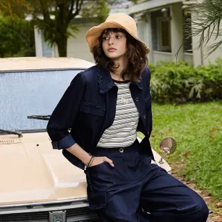 【ILEY 伊蕾】甜酷蕾絲滾邊造型外套(深藍；M-XL；1261384003)