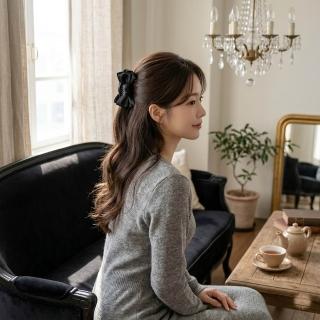 【HaNA 梨花】買一送一 法式在逃公主 ☆ 緞面珠光蝴蝶結鴨嘴抓夾 買黑送杏色