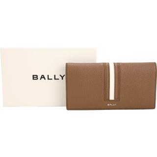 【BALLY】Ribbon 條紋拼接粒面牛皮對開長夾-棕色