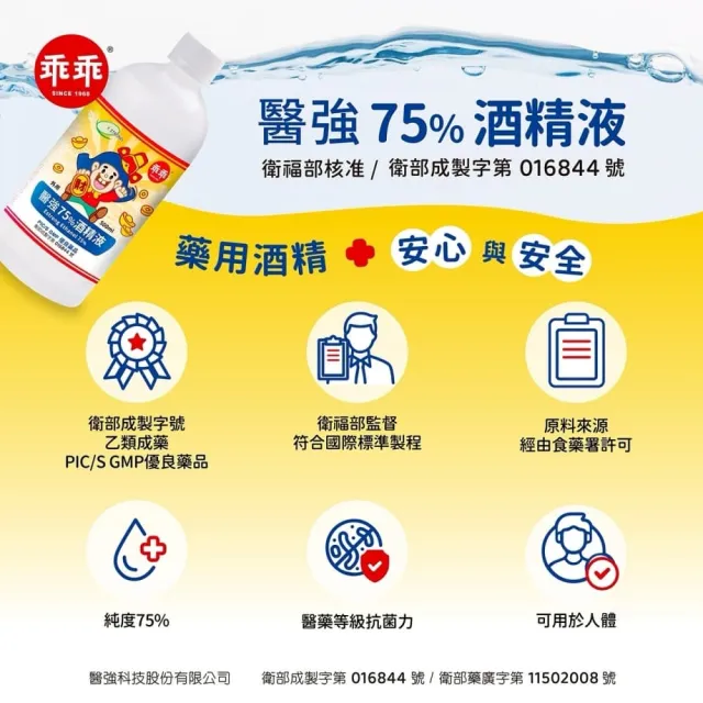 【醫強】75%酒精液 6桶+乖乖聯名500ml 2瓶(4000ml/桶+酒精專用噴頭x2 防疫清潔)