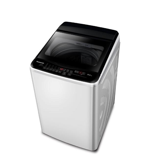 Panasonic 牌 NA-90EB-W 9KG淨定頻洗衣機，白色設計，具備全方位水流新舞動洗淨技術，搭配水流瀑布洗淨與鑽石極淨鋼槽，提升清潔效率。內槽為不銹鋼材質，適合10KG以下衣物容量，定頻馬達運作穩定，含基本安裝說明，BSMI許可字號 R31017。