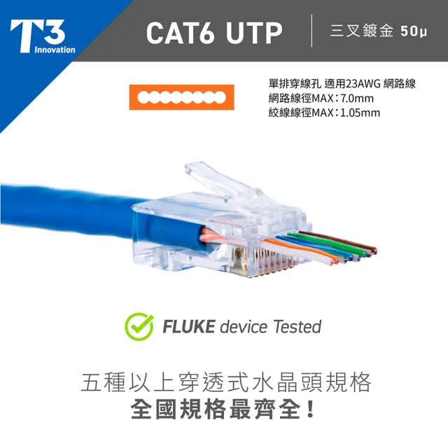 (美國T3) Cat6 穿透式水晶頭 UTP 50入(水晶頭 / 網路線頭)
