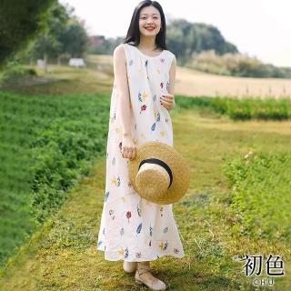 【初色】出清品 棉麻風印花無袖連衣裙中長裙背心連身洋裝長洋裝-白色-34778(M-2XL可選/快速出貨)