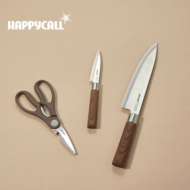 【HAPPYCALL】木質紋料理刀具3件組(8吋主廚刀/3.5水果刀/料理剪)
