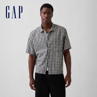 【GAP】亞麻棉混紡寬鬆直筒下擺襯衫-黑色格紋(883206)