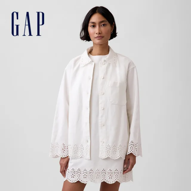 【GAP】鏤空下擺寬鬆襯衫式外套-新款米白(882961)