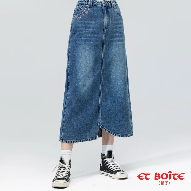 【BLUE WAY】女裝 無彈壓花蕾絲不對稱 牛仔長裙-ETBOITE箱子