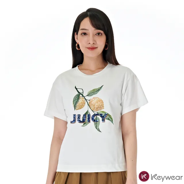 【KeyWear 奇威名品】檸檬刺繡圖案圓領短袖上衣(共2色)