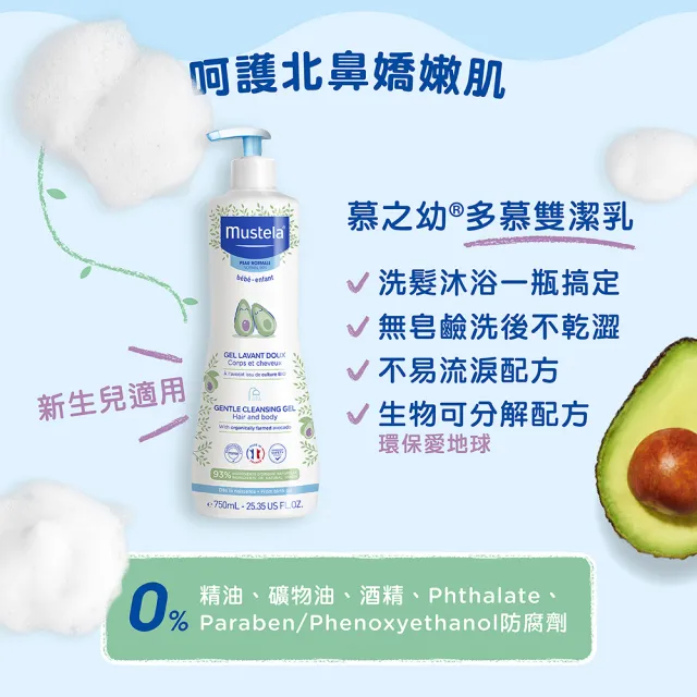 【Mustela 慕之恬廊】慕之幼洗沐護膚加大 多慕雙潔乳750mlX3＋爽身潤膚乳500mlX2(寶寶新生兒 洗髮沐浴乳液)