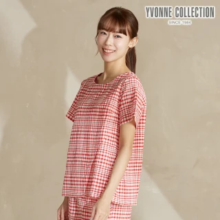 【YVONNE 以旺傢飾】皺皺格紋短袖上衣-紅