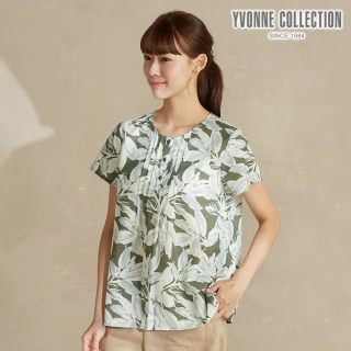 【YVONNE 以旺傢飾】棉麻印花半開襟短袖上衣-橄欖綠