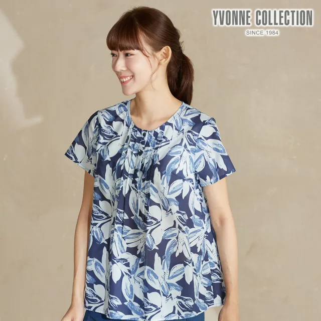 【YVONNE 以旺傢飾】棉麻印花半開襟短袖上衣-丈青