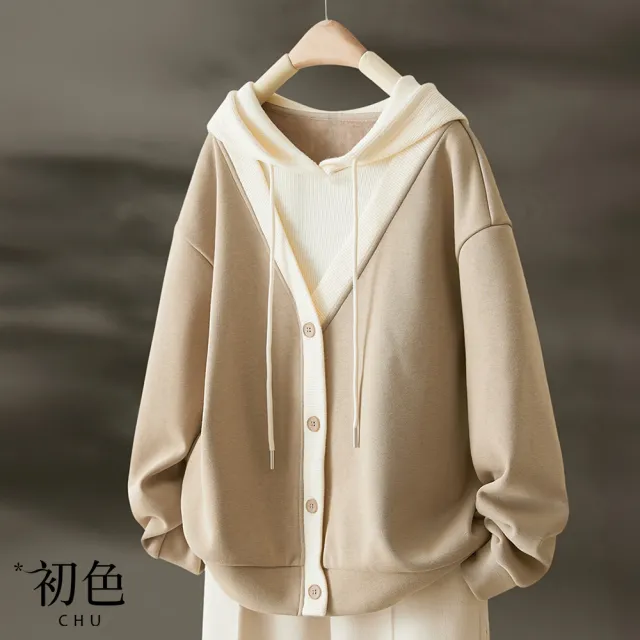 【初色】日系拚色假兩件假門襟長袖連帽帽T上衣女上衣-共3色-10979(M-3XL可選/快速出貨)