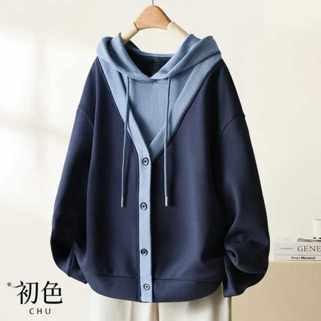 【初色】日系拚色假兩件假門襟長袖連帽帽T上衣女上衣-共3色-10979(M-3XL可選/快速出貨)