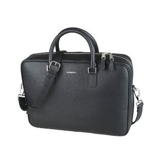 【BURBERRY 巴寶莉】BURBERRY Ellsworth立體銀字LOGO小牛皮拉鍊手提/肩背/斜背公事包(黑)
