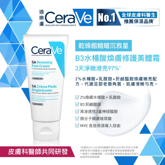 【CeraVe適樂膚】全新上市潤澤嫩膚超值組★B3水楊酸煥膚修護美體霜88ml_足部專用+長效潤澤修護霜 340g*2