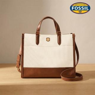 【FOSSIL】Gemma 真皮帆布拼接托特包-白色 ZB11189101
