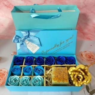 【A-ONE 匯旺】洋甘菊舒緩皂精油禮盒 (附手提袋+藍香皂花12朵+金箔玫瑰花) 蘆薈 茉莉 蜂蜜皂 金箔玫瑰禮盒