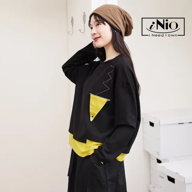【iNio 衣著美學】撞色拼接舒適長袖上衣 幾何撞色 舒適落肩 圓領長袖棉T CEW1894