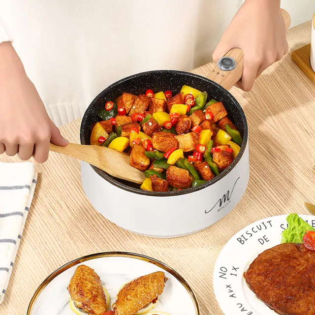 【MOLIJIA 魔力家】1.6L-M18多功能美食料理不沾電火快煮烹飪鍋-木紋款/電炒鍋/煎煮鍋/插電鍋(BY011018)