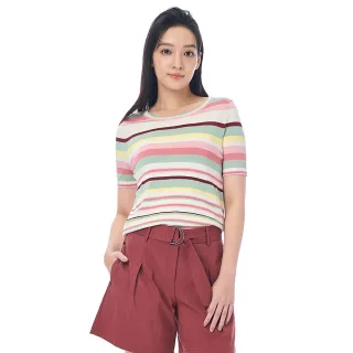 【KeyWear 奇威名品】多彩活力條紋針織短袖上衣