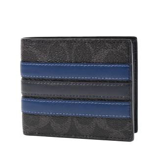 【COACH】男款 防刮緹花LOGO皮革飾條六卡短夾-黑色