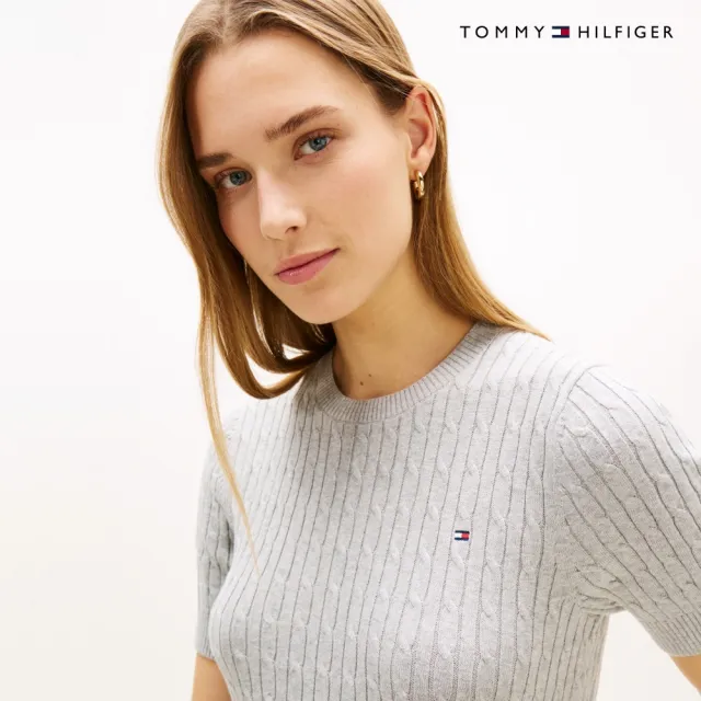 【TOMMY HILFIGER】官方旗艦館絞花針織短袖針織上衣_灰色